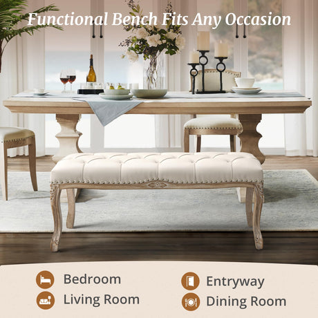 Cozyman Bedroom Bench, French Vintage Tufted Entryway Bench, 45.2" Carving Upholstered End of Bed Bench with Distressed Wood Legs, Linen Ottoman Bench Seat for Living Room, Foyer, Dining Room, Beige Cozyman