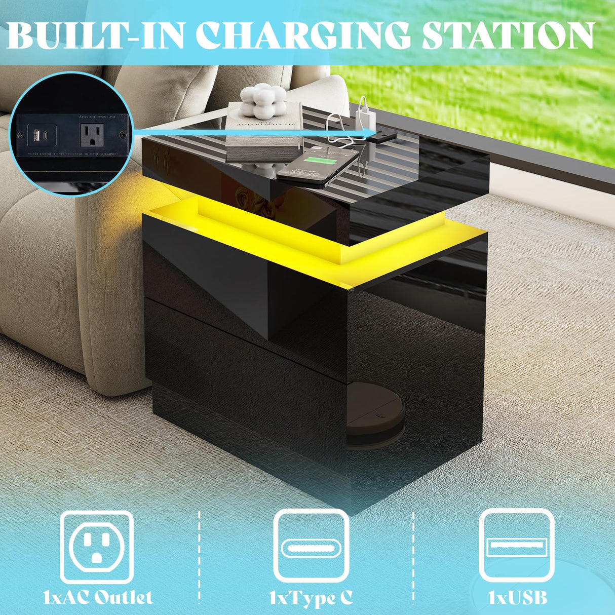 AMERLIFE High Gloss LED Nightstand Set of 2 with Charging Station, Modern Bedside Table Night Stand with LED Lights, Sofa End Side Tables with Drawers for Bedroom Living Room, Black AMERLIFE