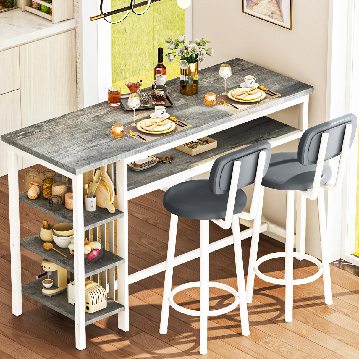 DKLGG Bar Table and Chairs Set of 2, 47" Farmhouse Counter Height Pub Set for 2 Dining Table Set with Storage & Stools Island Table for Kitchen, Home Bar, Grey DKLGG