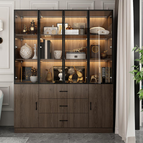 Homsee 63”W Storage Display Cabinet Curio Cabinet with Light & Pop-up Glass Doors, Bookcase with 5-Tier Shelves & 3 Drawers for Living Room/Home Office, Dark Brown (63”W x 15.7”D x 78.7”H) Homsee