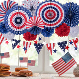 Whaline 4th of July Party Decorations Set, Patriotic USA Flag Pennant Bunting, Red White Blue Paper Fans, Star Garland Hanging Streamers, Tissue Pom Pom Flowers for Independence Day Decor, 14Pcs Whaline