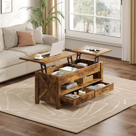 Seventable Coffee Table, 47.2" Lift Top Coffee Table with 2 Storage Drawers and Hidden Compartment, Farmhouse Center Table with Wooden Lift Tabletop, for Living Room,Rustic Brown Seventable