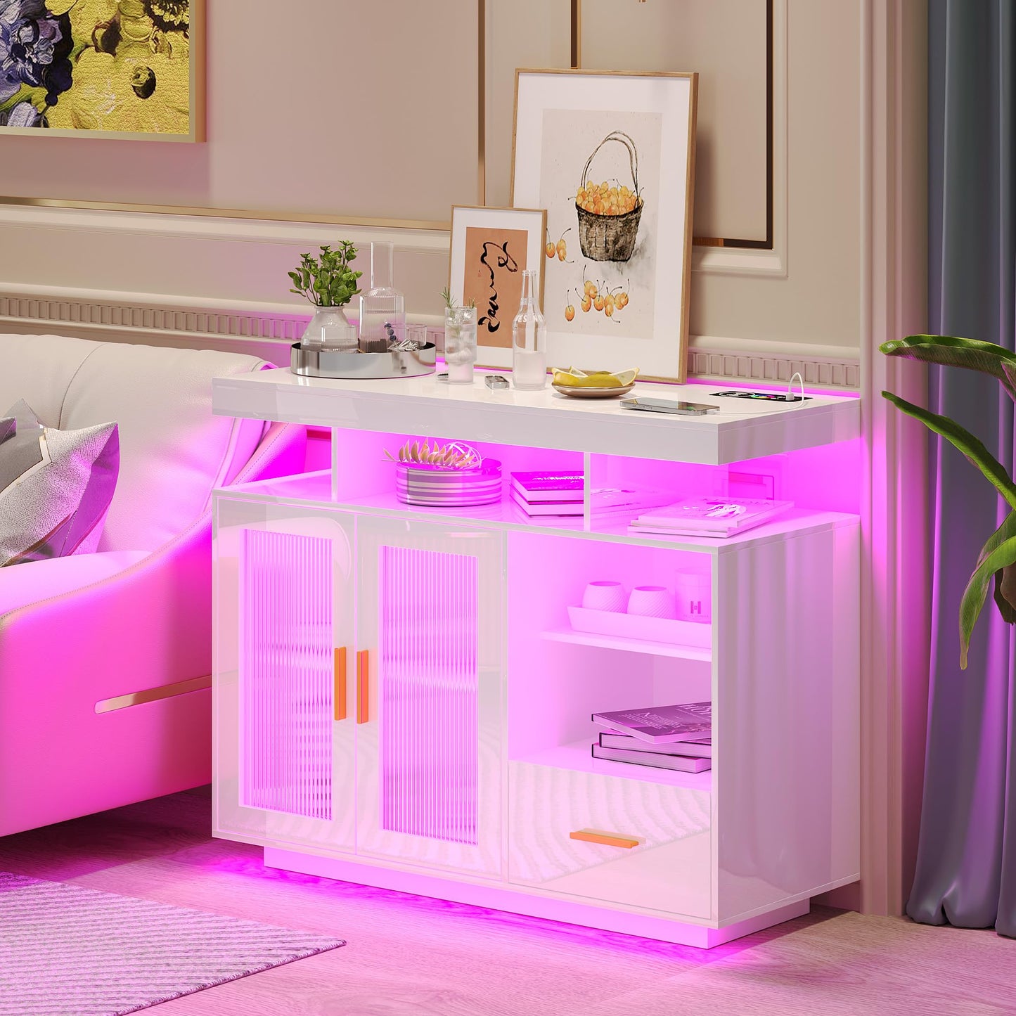 Modern White LED Sideboard Buffet Cabinet with Charging Station and Auto Sensor Lights