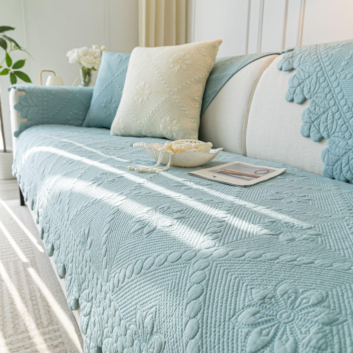 XSlive Cotton Quilted Dog Couch Cover for Sofa Farmhouse Rustic Embroidery Sectional Couch Cover Soft Anti-Slip Sofa Slipcover Furniture Protector for Kids, Pets (Blue,28"x28") XSlive