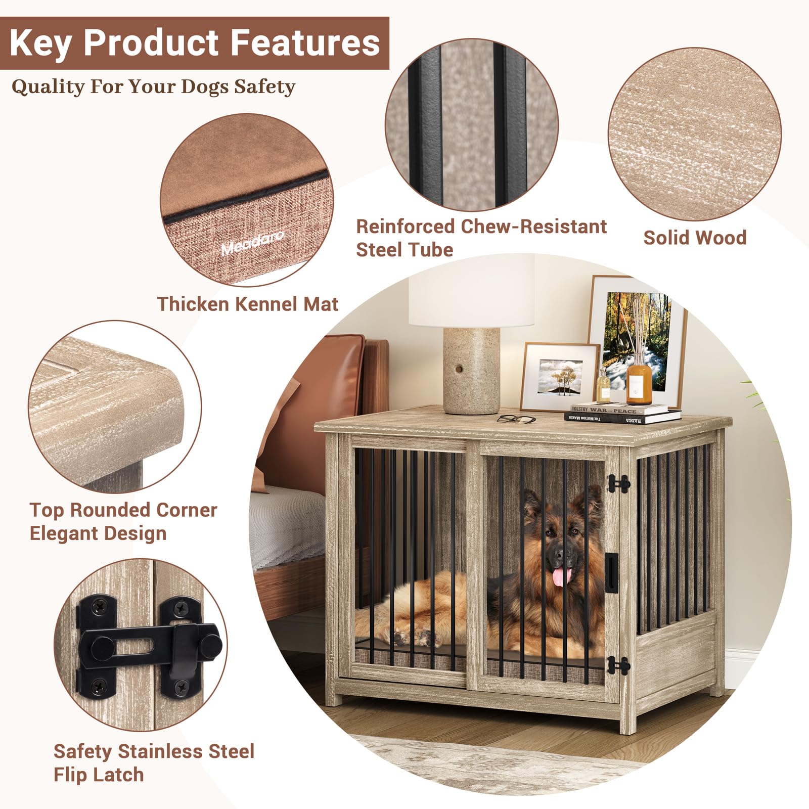 Meadaro 37.4" Dog Crate Furniture Solid Wood with Dog Cushion for Large Dogs, Heavy Duty Dog Kennel Indoor with Sliding Door Chew-Resistant Steel Tube Decorative Dog House Dog Cage Side End T - WoodArtSupply