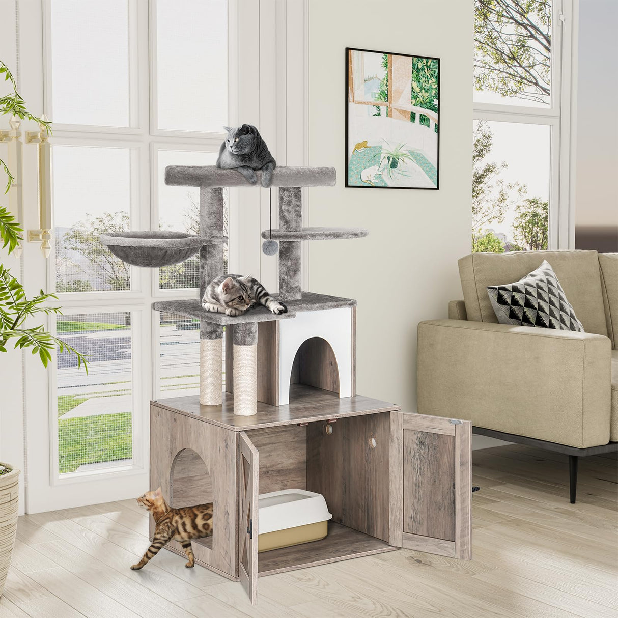 Snughome Cat Litter Box Enclosure with Cat Tree Tower and Condo, Hidden Cat Washroom Furniture with Sisal Scratching Post and Soft Plush Perch, Wooden Cat Furniture with Multiple Platforms, Grey Snughome