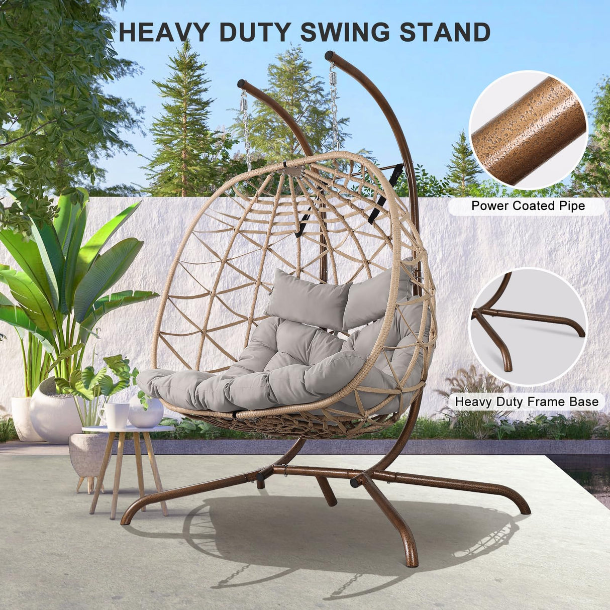 NOBLEMOOD Outdoor Egg Swing Chair with Stand, 2 Person Patio Swing Chairs with Thick Cushions and Pillows, Wicker Double Egg Chair Swing for Indoor Bedroom NOBLEMOOD