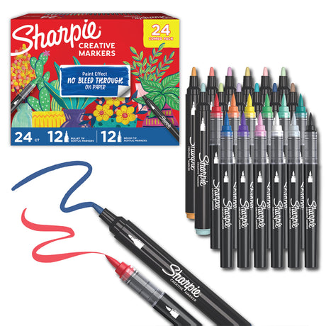 Sharpie Creative Markers, Combo Pack, Water-Based Acrylic, Bullet & Brush Tips, Assorted Colors Including Earth Tones, 24 Count - Works on Paper, Metal, Wood, Ceramic, Glass, Rock, Canvas Sharpie