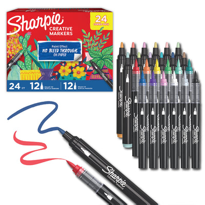 Sharpie Creative Markers, Combo Pack, Water-Based Acrylic, Bullet & Brush Tips, Assorted Colors Including Earth Tones, 24 Count - Works on Paper, Metal, Wood, Ceramic, Glass, Rock, Canvas