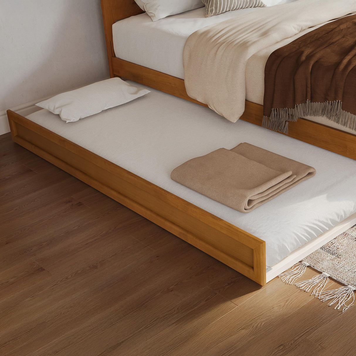 AFI, Andorra King Platform Bed with Panel Footboard & Twin XL Trundle, Light Toffee AFI