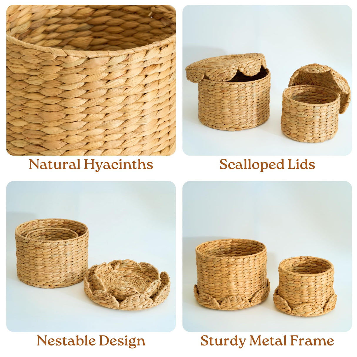 Chi An Home Scalloped Wicker Storage Baskets with Lid, Set of 2 Round Basket Decorative Boxes, Handwoven Hyacinth Baskets with Lids, Woven Storage Box for Home Organization Chi An Home