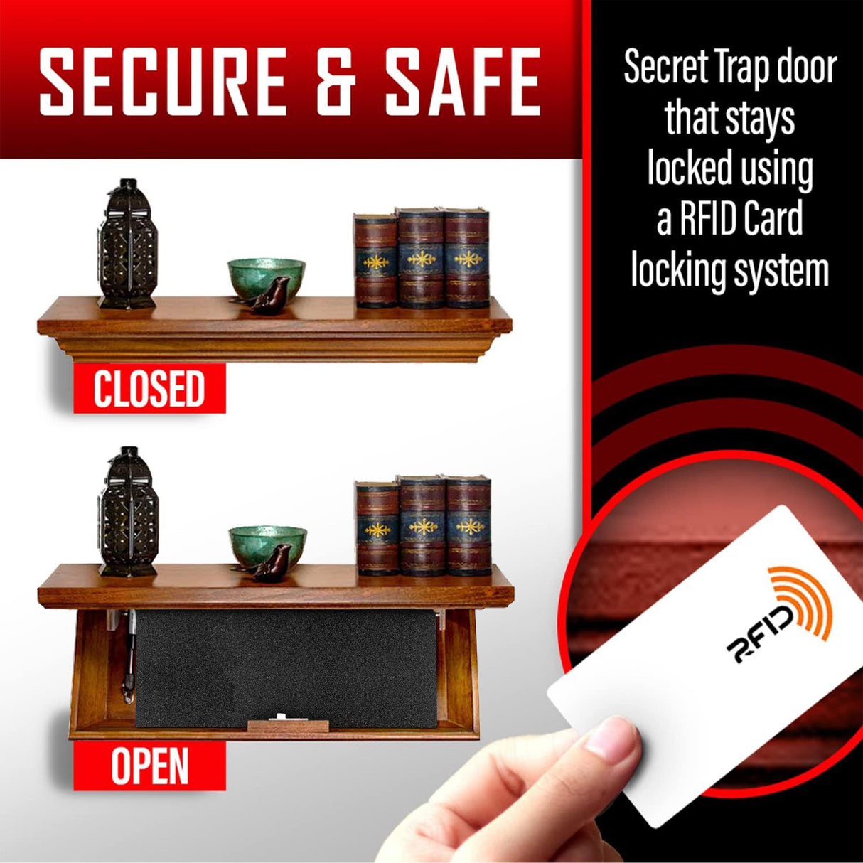 Tactical Traps - Patriot 35PC Premium Concealment Shelf with Hidden Gun Storage - Hidden Gun Safe with RFID Lock, Made in USA - Concealment Furniture for Guns - 22.5” x 10.25” x 4" - Dark Walnut Tactical Traps