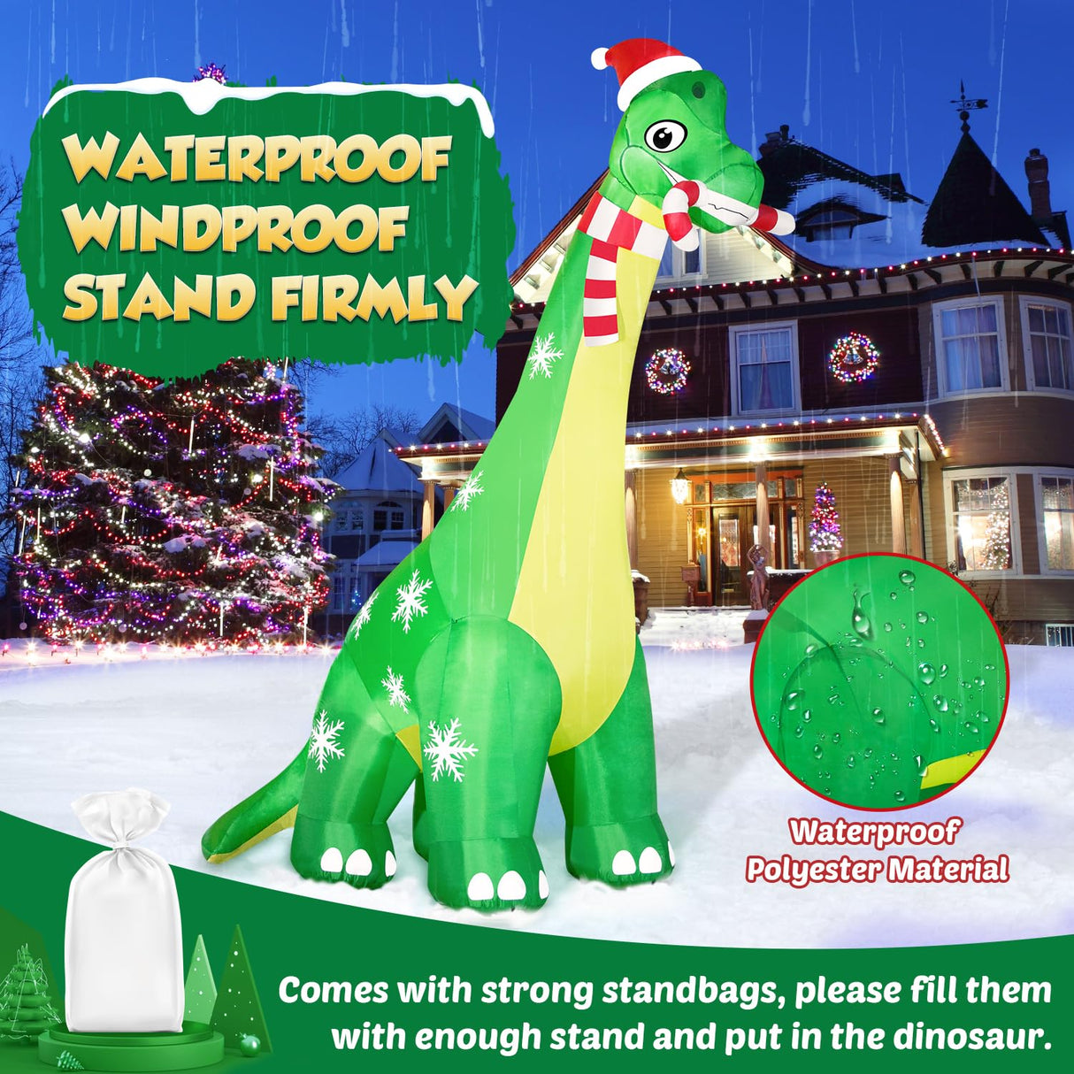 13FT Giant Dinosaur Christmas Inflatable Decorations, Built-in LED Lights, Strong Blower Huge Blow Up Yard Clearance Decor with Large Candy Cane Xmas Santa Hat Outdoor Indoor Holiday Party zukakii