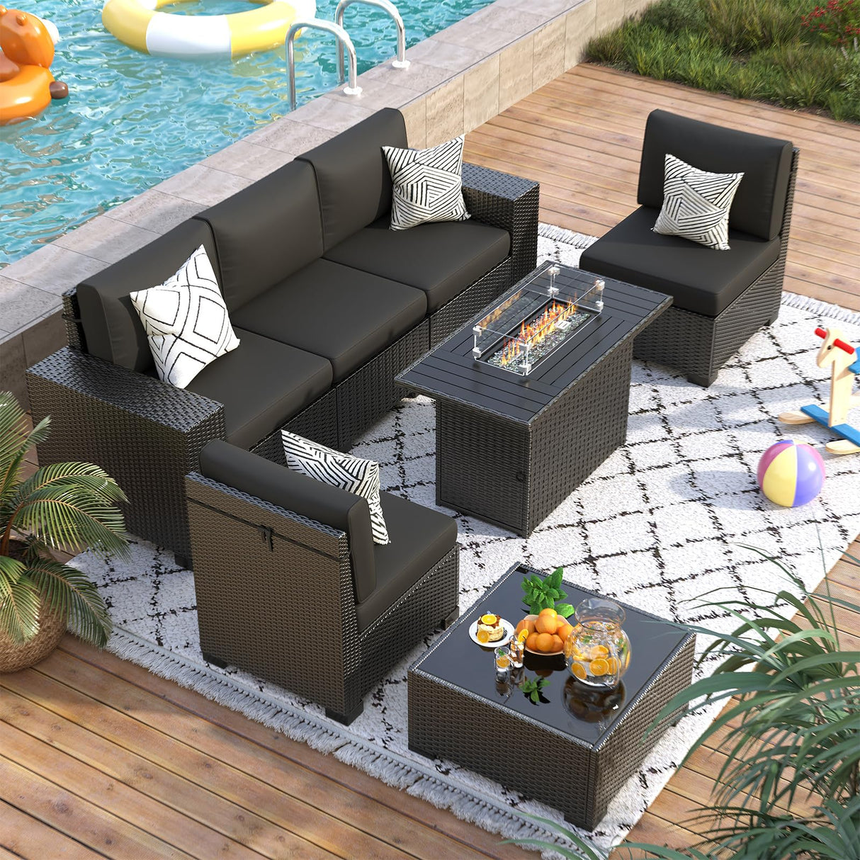 VONZOY 7 Piece Patio Furniture Set with Fire Pit Table, Outdoor Sectional Conversation Sets Black Wicker Rattan Sofa with Coffee Table for Patio Garden Backyard, 4'' Thickened Cushion Black VONZOY