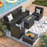VONZOY 7 Piece Patio Furniture Set with Fire Pit Table, Outdoor Sectional Conversation Sets Black Wicker Rattan Sofa with Coffee Table for Patio Garden Backyard, 4'' Thickened Cushion Black VONZOY