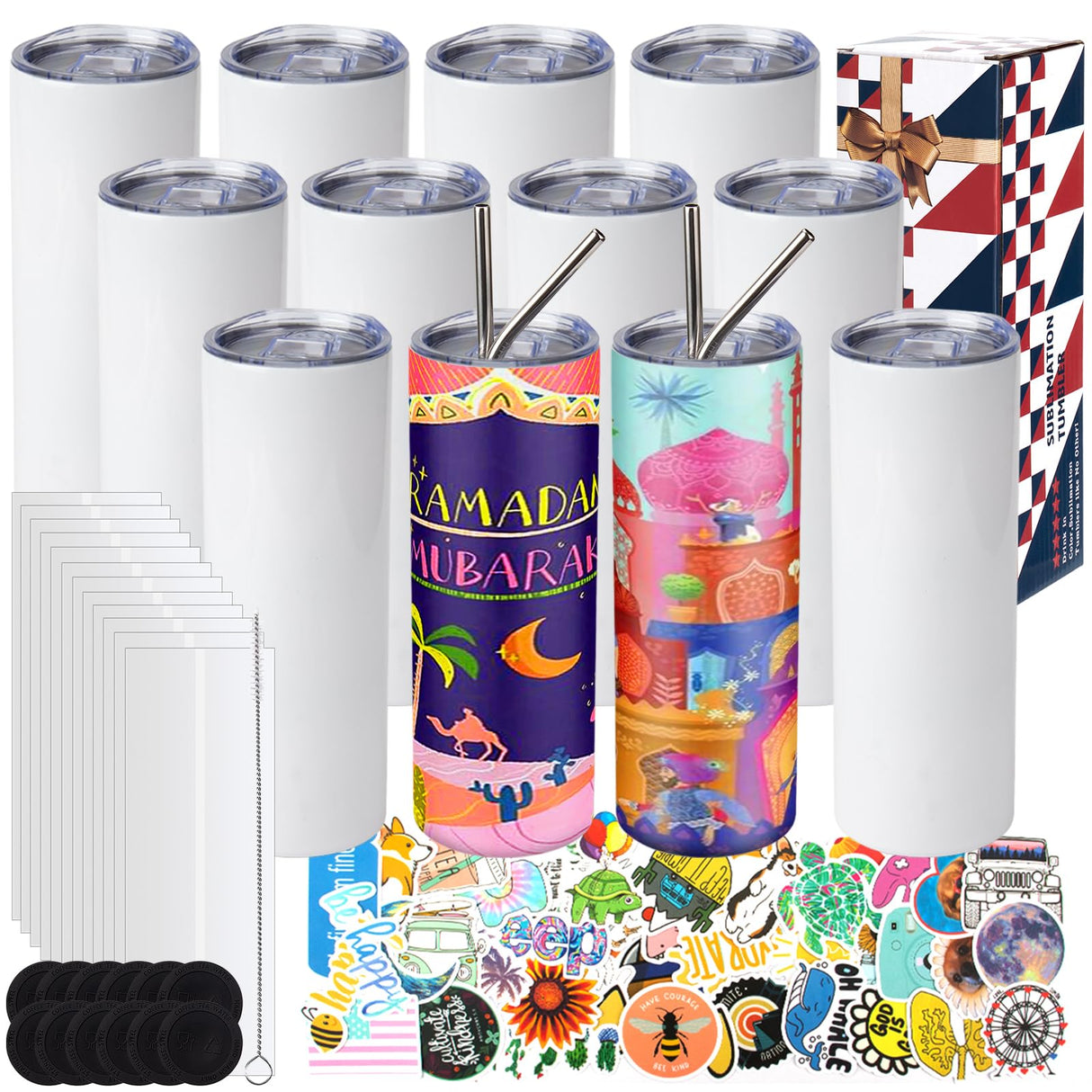 ROTERSTEIN 12 Pack 20 oz Sublimation Tumbler Set Double Walled Stainless Steel Skinny Straight Blank Tumbler Sublimation Cup with Lid, Straw, Shrink Wrap, Rubber Base for Heat Transfer Heat Press ROTERSTEIN