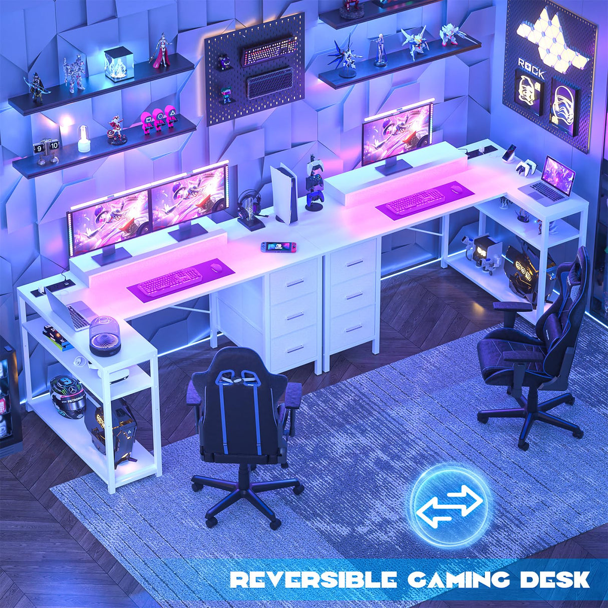Aheaplus 53 Inch Gaming Desk with Power Outlets & LED Lights, Reversible L Shaped Computer Desk with 3 Drawers & Monitor Stand, Home Office Desk Corner Gamer Desk with Storage Shelves, White Aheaplus