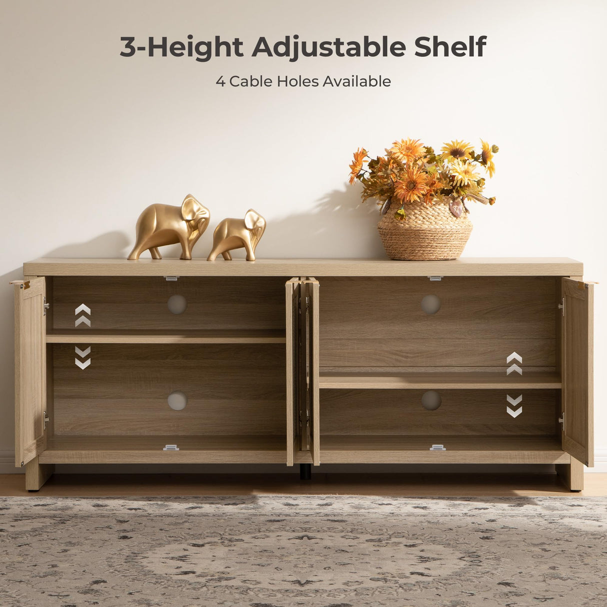 SICOTAS TV Stand for Living Room Boho Entertainment Center for Bedroom with 4 Rattan Cabinets Farmhouse Television Stands with Storage Large Media Console Table for TVs up to 45 50 55 60 65 Inch SICOTAS