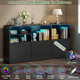 Gyfimoie Black Dresser for Bedroom with 6 Drawers, Chest of Drawers with Led Lights&Charging Station, 63" Long Dresser with 7 Open Cubbies, Storage Drawers for Living Room, Closet, Hallway (Black) Gyfimoie