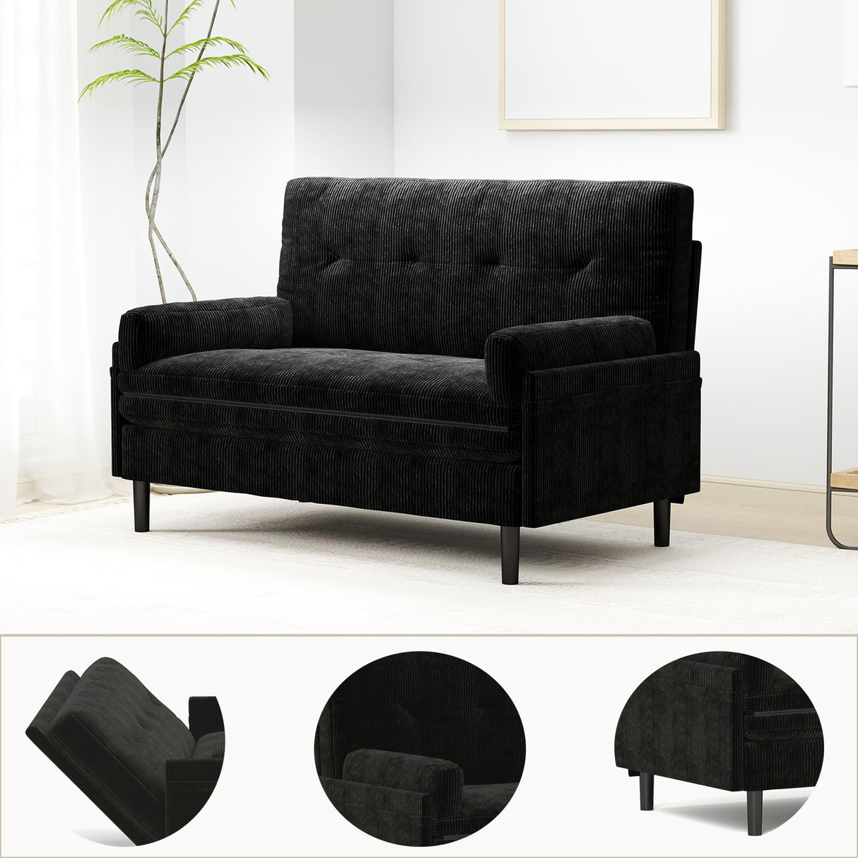 Majnesvon 55" Modern Corduroy Sofa Bed Futon,3-in-1 Convertible Pull Out Sleeper Couch Bed with Adjustable 3 Backrest,Folding Small Loveseat for Living Room Bedroom RV Office (Black) Majnesvon