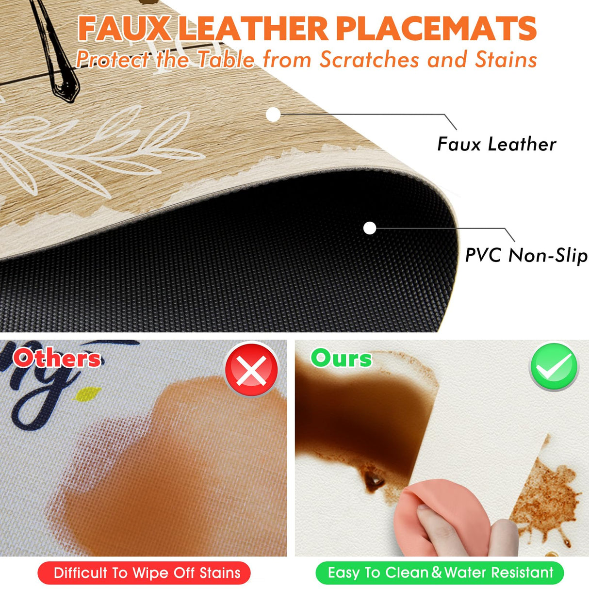 Aimego Wood Grain Placemats Set of 4 - Farmhouse Faux Leather Washable Non Slip Wipeable Waterproof Heat Resistant Place Mats for Kitchen Dining Table, Rustic Table Mats Set, 17" x 12" Aimego