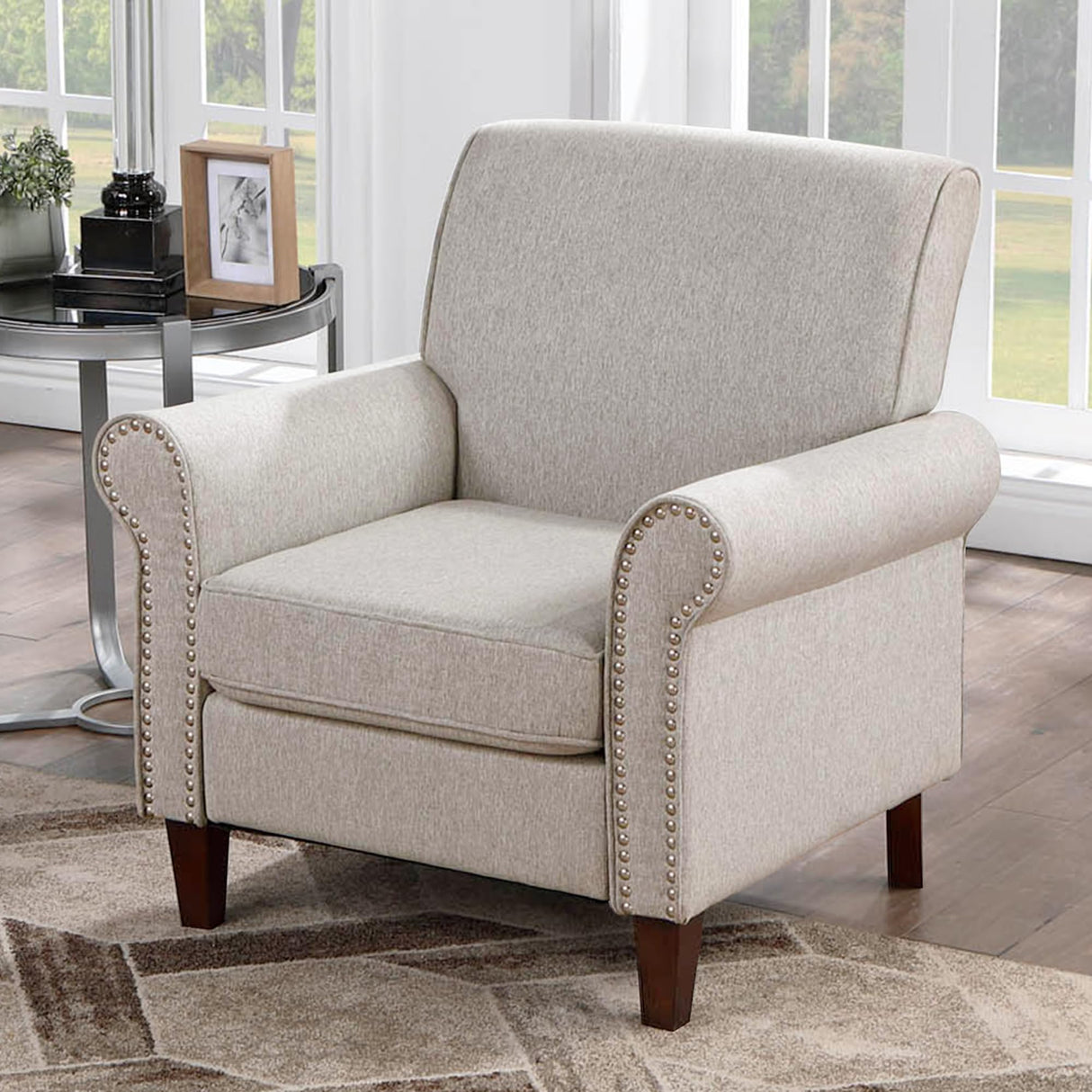 Prilinex Upholstered Living Room Chair Set of 2 - Large Comfy Fabric Accent Chair Single Sofa with Cushion, Rolled Armrest & Nailhead Trim, Mid Century Farmhouse Armchair for Bedroom, Office, Beige Prilinex