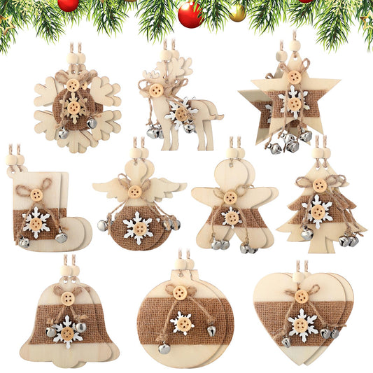 Soaoo 20 Pcs Rustic Christmas Wooden Ornament Set Farmhouse Reindeer Star Wood Ornaments Wood Christmas Tree Decorations with Burlap Rope Bell 10 Style Decorative Hanging Ornaments for Xmas H - WoodArtSupply