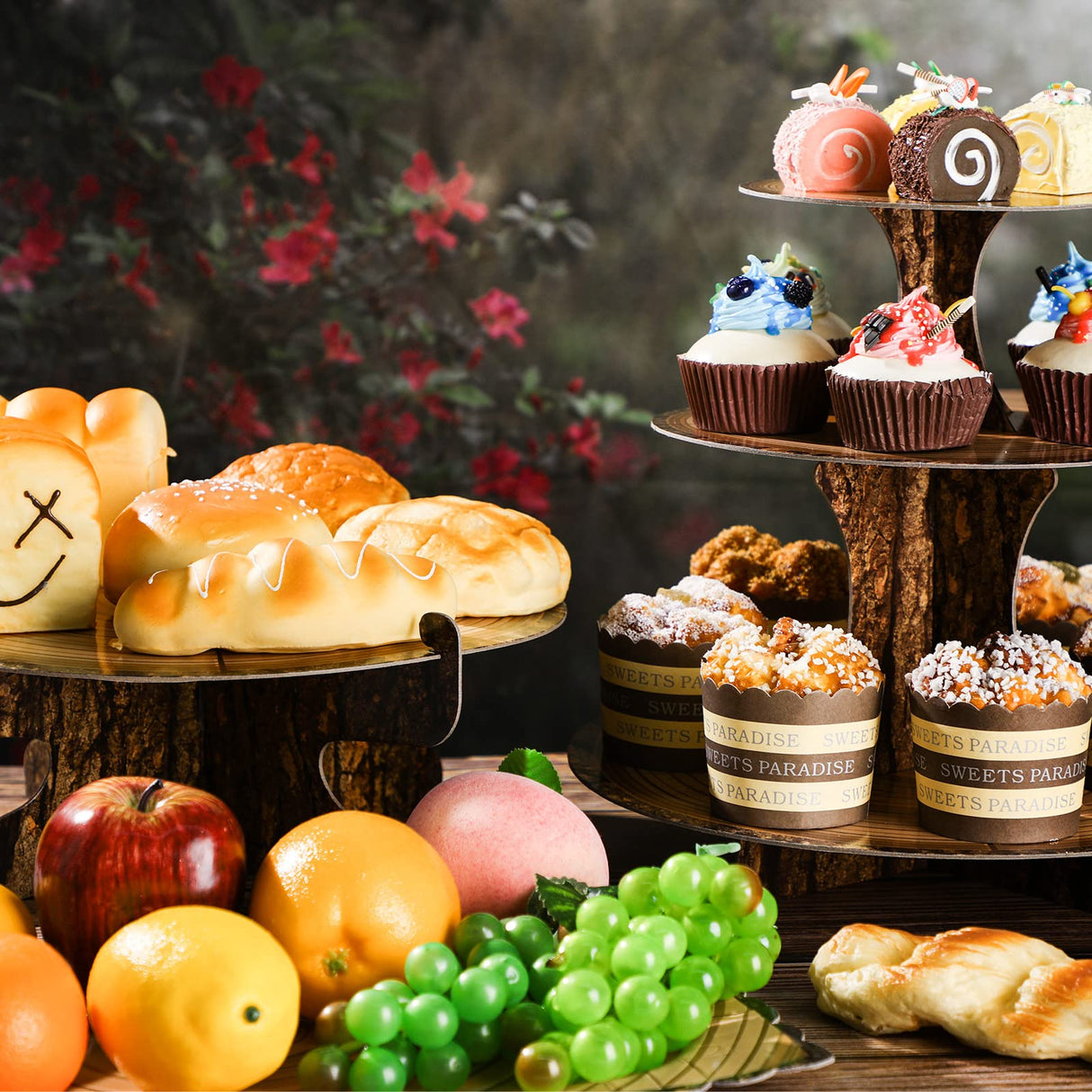 7 Pieces Woodland Cupcake Stand Set Includes 2 Wooden Cupcake Stand 1 Rustic Cake 4 Rectangle Serving Tray for Woodland Western Forest Camping Hunting Baby Shower Birthday Decorations(Woodland) Sawysine