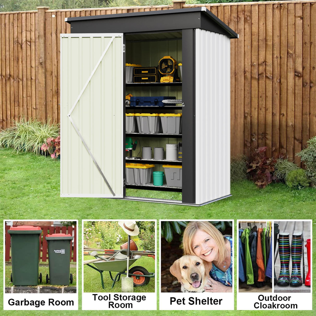 JUMMICO Metal Outdoor Storage Shed 5 x 3 FT Metal Shed with Lockable Door,Waterproof Garden Tool Shed Storage House for Backyard Patio Lawn,White JUMMICO