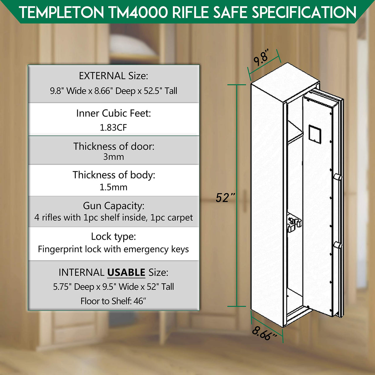 Templeton Quick Access Biometric Rifle and Gun Safe with Silent Mode - 4 Standard Rifle Capacity (without accessories) Templeton Safes