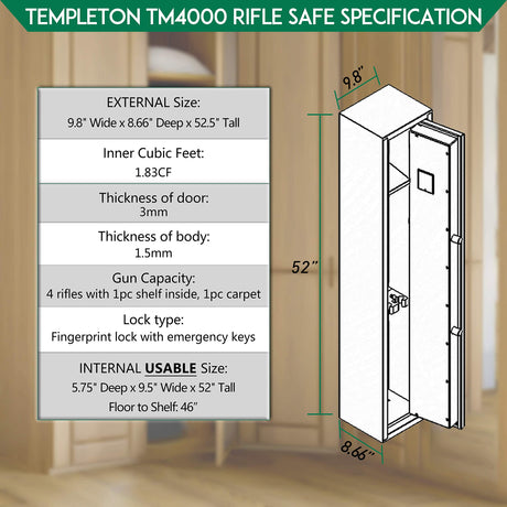 Templeton Quick Access Biometric Rifle and Gun Safe with Silent Mode - 4 Standard Rifle Capacity (without accessories) Templeton Safes