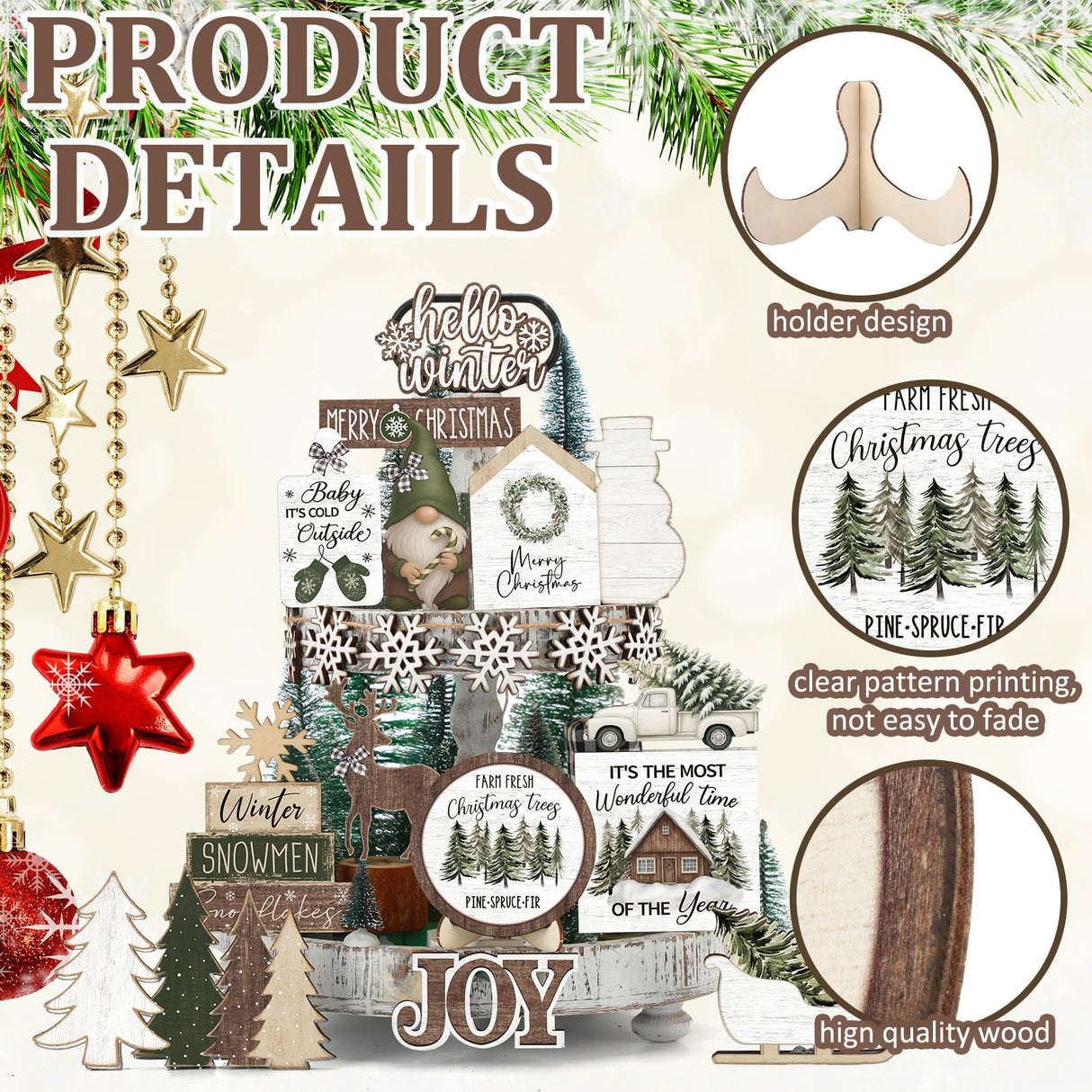 Vercraft Holiday Tiered Tray Decor Christmas Tiered Tray Decorations Set Truck Wooden Signs Farmhouse Table Decorations for Home Table Shelf Vercraft