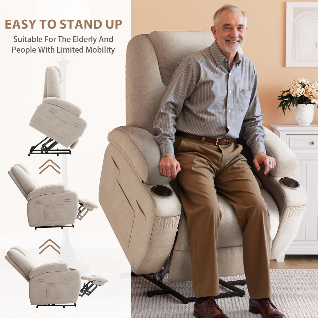 Flamaker Power Lift Recliner Chair with Massage Ergonomic Recliner Chair for Elderly People, Single Sofa with Cup Holders, Side Pockets (Beige) Flamaker