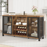 Launica Industrial Coffee Bar Cabinet, Wine Bar Cabinet for Liquor and Glasses, Liquor Cabinet with wine Rack Storage, Wood Metal Sideboard Buffet Cabinet for Home Kitchen Dining, Rustic Brown 55 Inch Launica