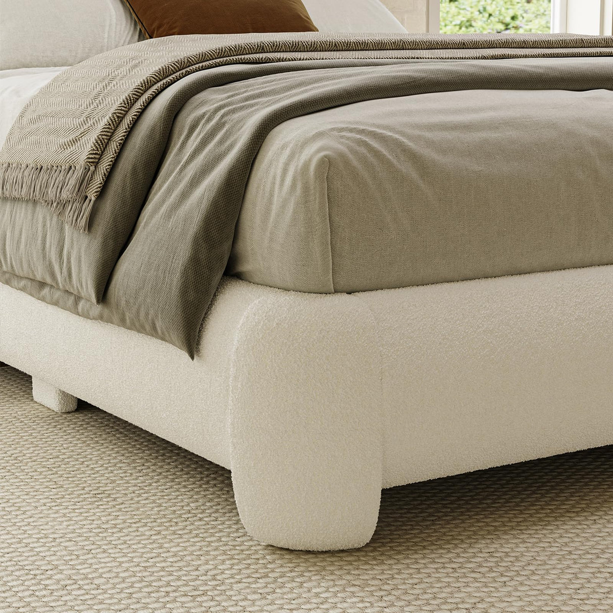 ZENBEDING Cloud Platform Bed Frame Queen Size, Soft Boucle Bed Frame with Round Corner, Upholstered Queen Bedframe with Heavy Duty Wood Slat, No Box Spring Needed, Easy Assembly, White ZENBEDING