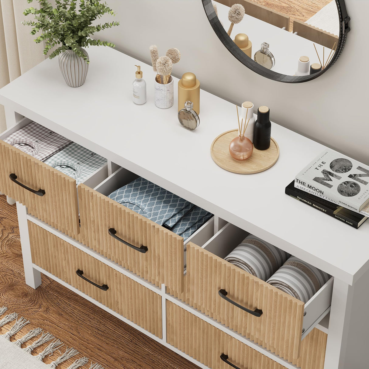 Jocoevol White Dresser 7 Drawer Dresser for Bedroom, Modern Fluted Dresser with Solid Wood Legs, Long Double Wooden Dresser Large Chest of Drawers for Living Room, Entryway, Hallway (Wood Fluted) Jocoevol