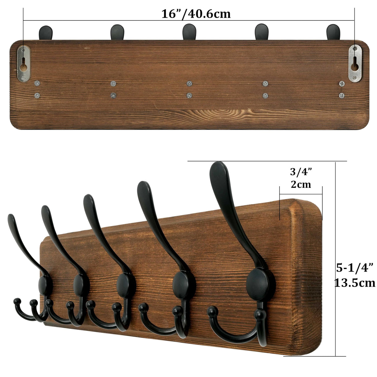 WEBI Rustic Coat Rack Wall Mount,Coat Hooks Wall Mounted,16" Hole to Hole,Wood Coat Hanger Wall,Hook Rack Rail,5 Triple Hooks for Hanging Coats,Jacket,Clothes,Brown WEBI