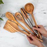 Salt & York 5-piece Olive Wooden Kitchen Utensil Set - Includes Turner, Tongs, Slotted Spoon, Ladle, and 12" Spoon - Best Wooden Spoons for Cooking - Ideal for Nonstick Cookware Salt & York