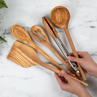 Salt & York 5-piece Olive Wooden Kitchen Utensil Set - Includes Turner, Tongs, Slotted Spoon, Ladle, and 12" Spoon - Best Wooden Spoons for Cooking - Ideal for Nonstick Cookware