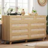 AOGLLATI Rattan Dresser for Bedroom with 9 Drawer, Modern Wooden Long Bedroom Dresser, Chest of Drawers with Metal Handle & Solid Wood Legs for Bedroom/Living Room, Wood AOGLLATI
