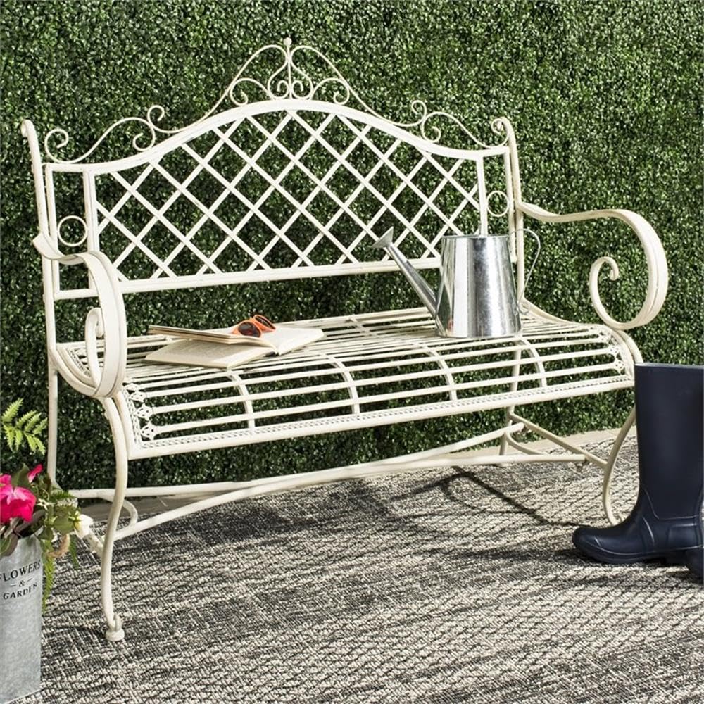 SAFAVIEH PAT5017A Collection Adina Antique White Wrought Iron 51.25" Outdoor Garden Bench SAFAVIEH