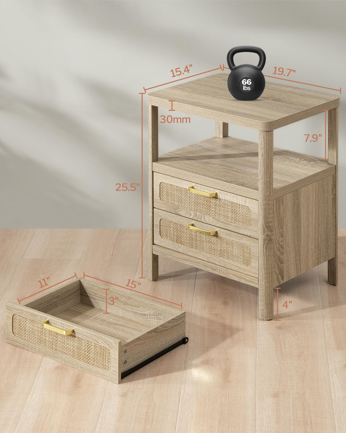 SHEEPPING Rattan Nightstands Set of 2 - Bedside Tables with 2 PE Rattan Drawers, Boho Night Stand with Open Wood Shelf, Farmhouse Bed Side Table/End Table for Bedroom Living Room, Natural, 25.5" H SHEEPPING