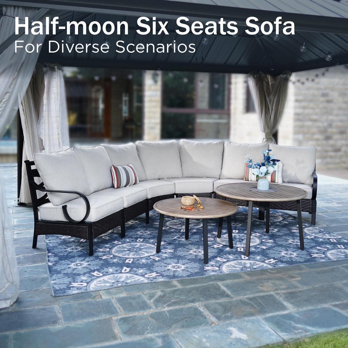 PHI VILLA Half-Moon Patio Furniture Set 8 Piece, Curved Outdoor Sectional Sofa Conversation Sets for 6 Persons with 2 Coffee Table for Garden, Poolside, Balcony, Backyard PHI VILLA