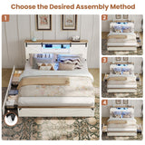 Hasuit Farmhouse Bed Frame King Size with Storage Bookcase Headboard, Wooden King Bed with LED Lights, Charging Station, 2 Drawers, Country Rustic Bed Frame with Sliding Barn Door Hasuit