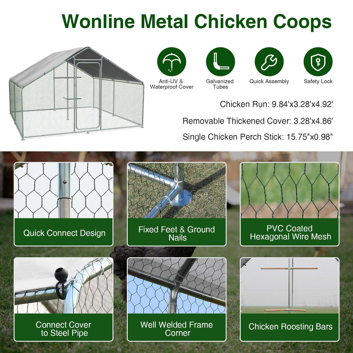 Large Metal Chicken Coop Heavy Duty Chicken Pens Outdoor with Top Walk in Poultry Cage Chicken Run Dog Kennel with Water Resident and Anti-UV Cover for Yard with Cover Duck Rabbit Cage wonline