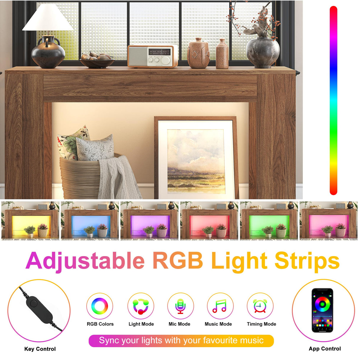 knoworld 63-Inch Long Console Table with LED Light, Farmhouse Sofa Table Behind Couch, Wooden Console Table for Entryway, Hallway, Entrance, Living Room knoworld