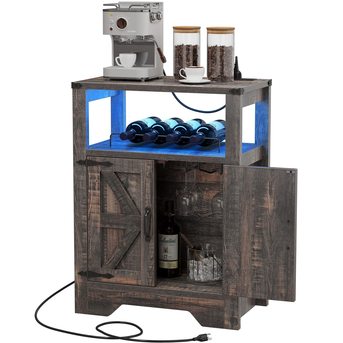 DWVO Liquor Cabinet w/Led Lights & Power Outlets, 31.5" Farmhouse Bar Cabinet w/Wine Rack, Coffee Bar w/Glass Holder, Small Alcohol Cabinet w/Barn Door for Kitchen, Dining & Living Room, Black Oak