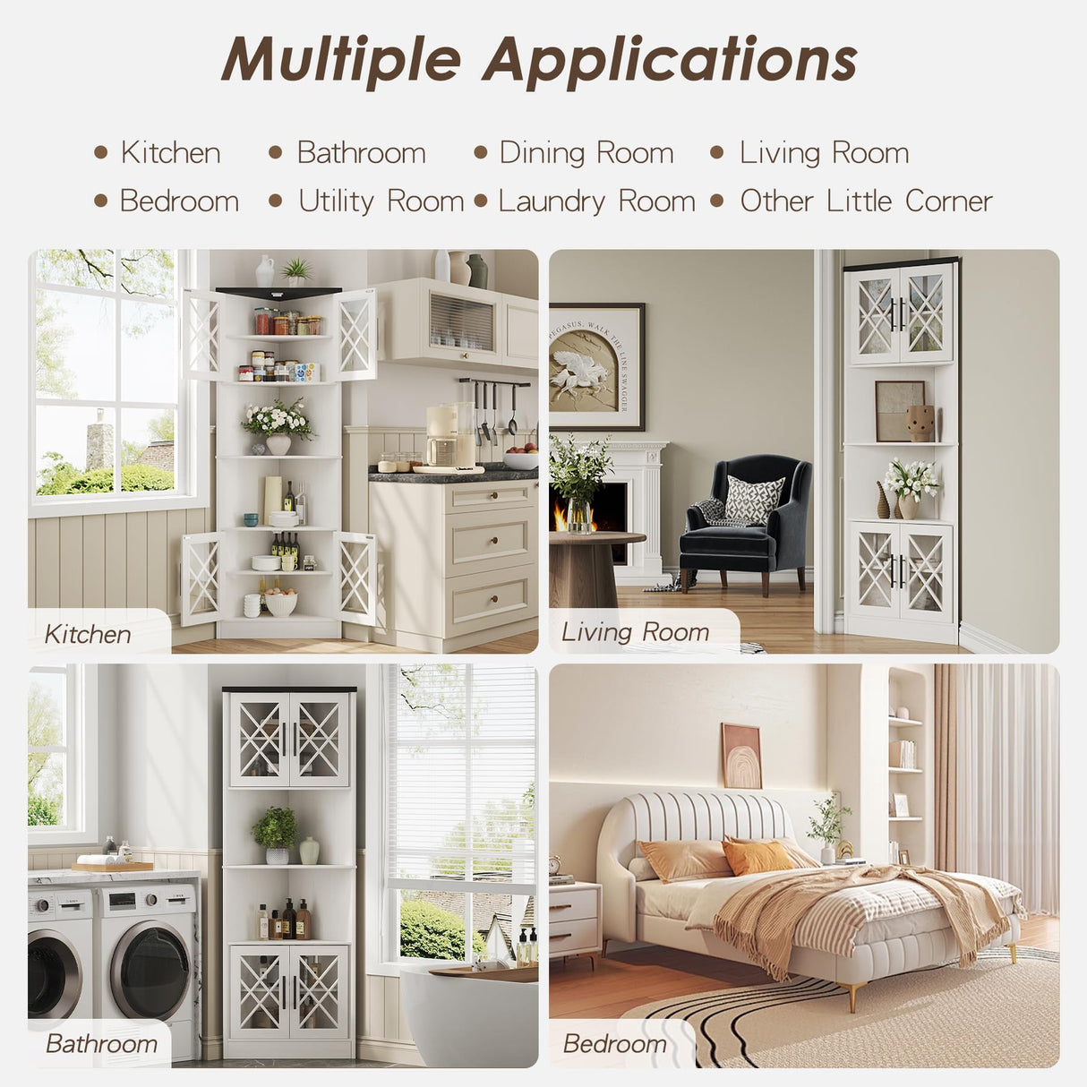 Maupvit White Corner Hutch with 4 Tempered Glass Doors, 67" Tall Farmhouse Corner Storage Cabinet, Kitchen Pantry Hutch with Adjustable Shelf, Home Space Saver for Laundry Room, Dining Living Room Maupvit