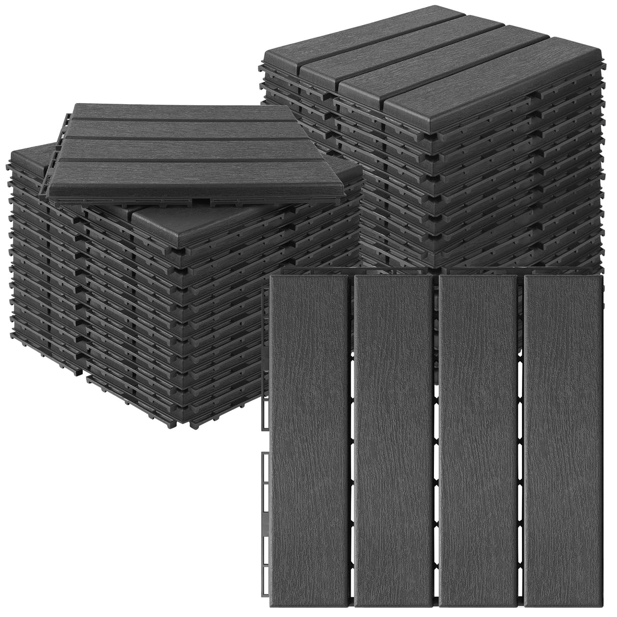 MYFAMIREA 27 Pcs Plastic Interlocking Deck Tiles 12" x 12" Patio Floor Decking Tiles Indoor Outdoor Waterproof Non-Slip Flooring Tiles All Weather Use for Balcony Backyard Porch Poolside, Dark Grey MYFAMIREA