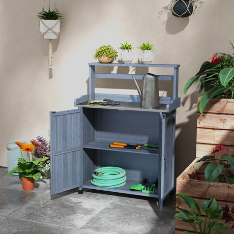 Outsunny Potting Bench, Outdoor Wooden Potting Table with Storage Cabinet with 2 Shelves, Garden Work Bench with Galvanized Plated Tabletop for Backyard, Balcony, Gray Outsunny